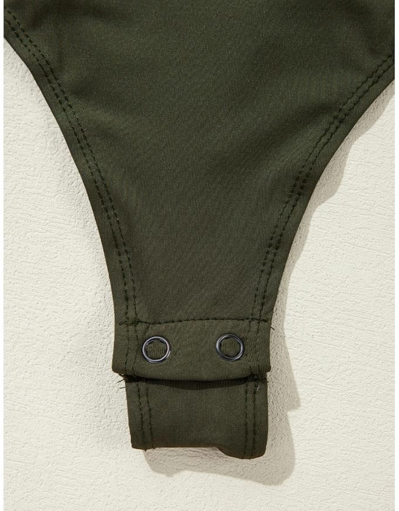 Moss Green Ruched Wrap V Neck Long Sleeve Bodysuit