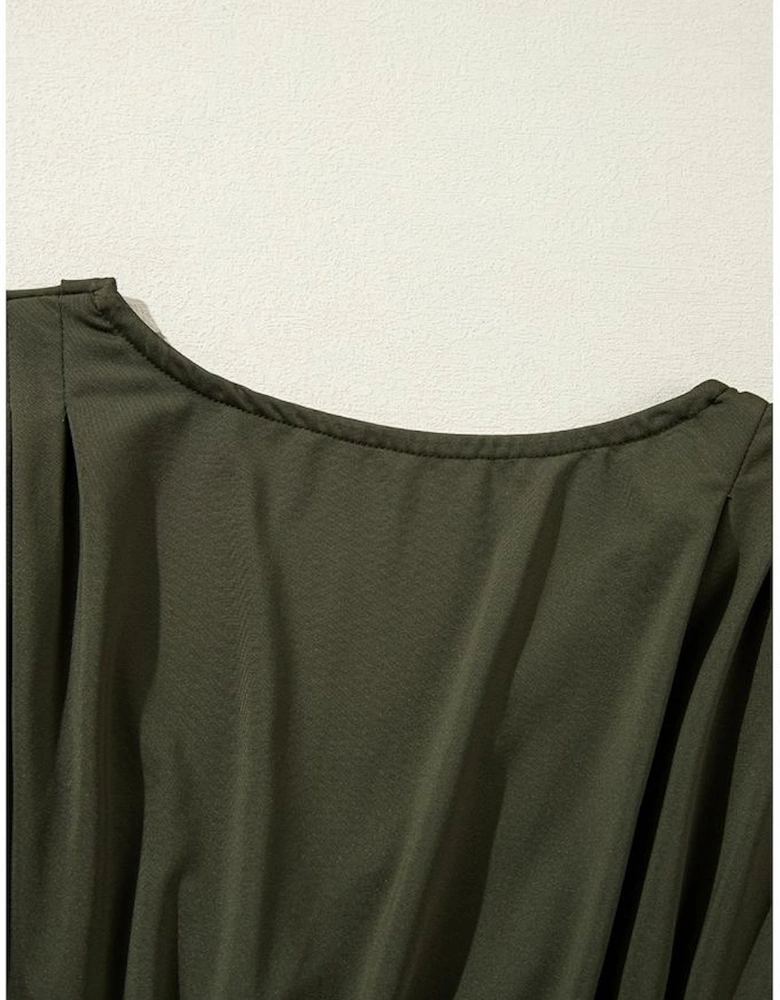 Moss Green Ruched Wrap V Neck Long Sleeve Bodysuit