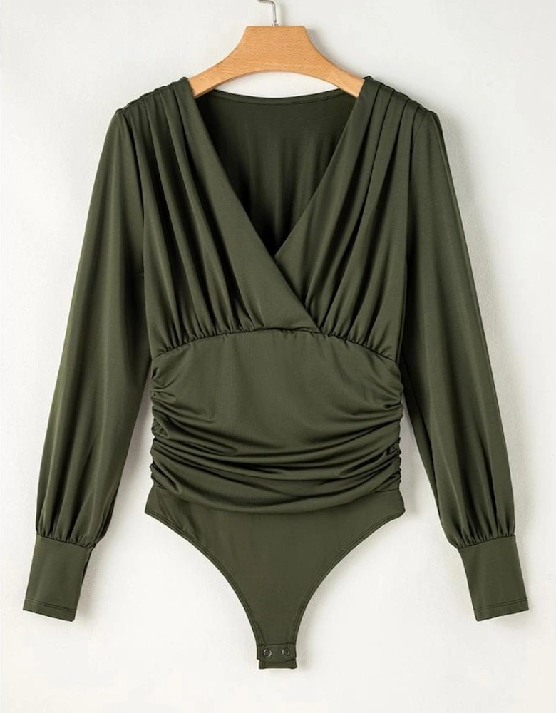 Moss Green Ruched Wrap V Neck Long Sleeve Bodysuit