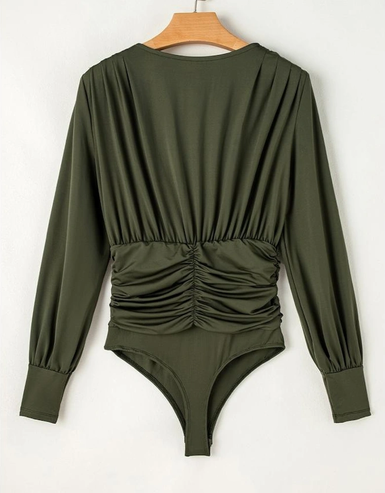 Moss Green Ruched Wrap V Neck Long Sleeve Bodysuit