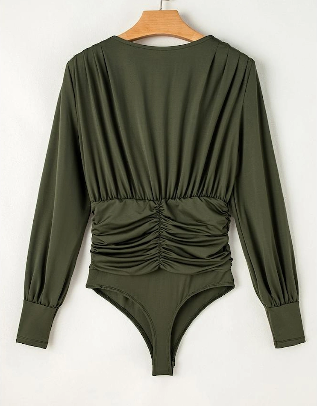 Moss Green Ruched Wrap V Neck Long Sleeve Bodysuit