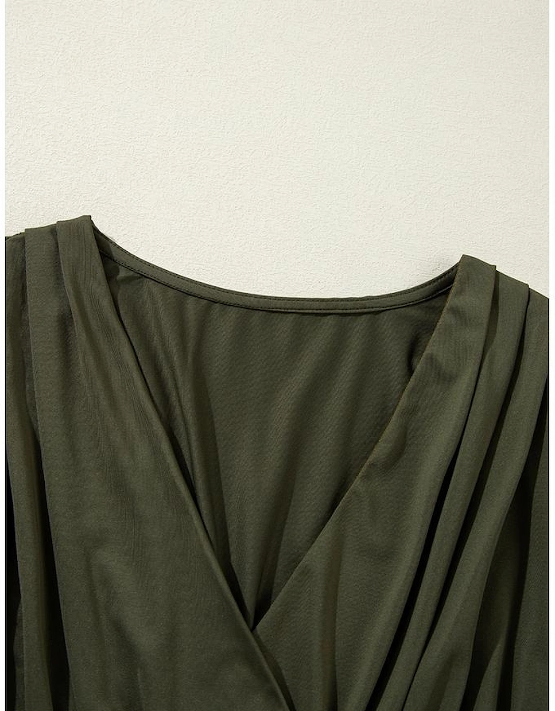 Moss Green Ruched Wrap V Neck Long Sleeve Bodysuit