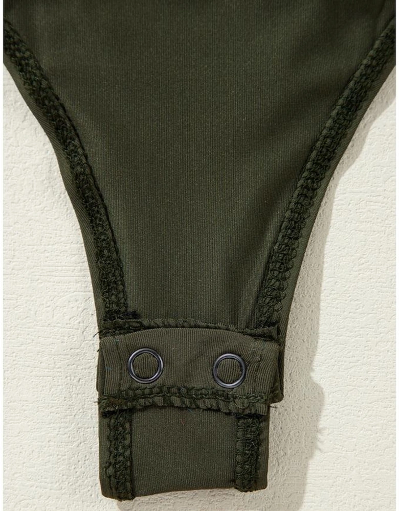 Moss Green Ruched Wrap V Neck Long Sleeve Bodysuit