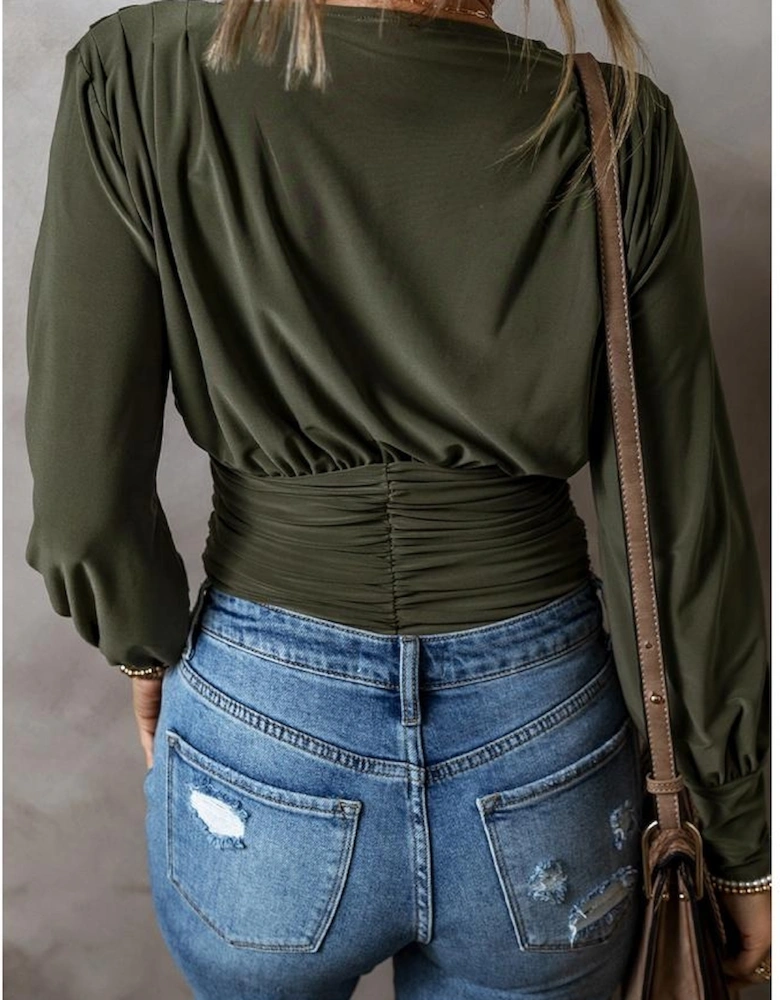 Moss Green Ruched Wrap V Neck Long Sleeve Bodysuit