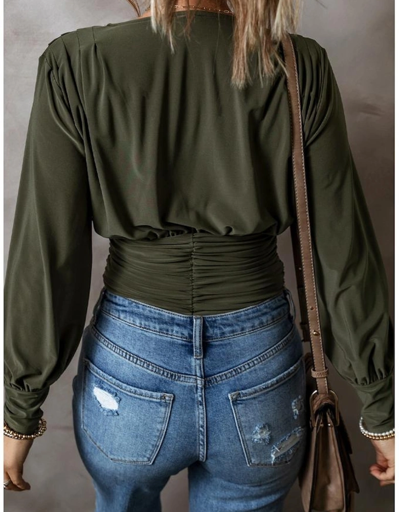 Moss Green Ruched Wrap V Neck Long Sleeve Bodysuit