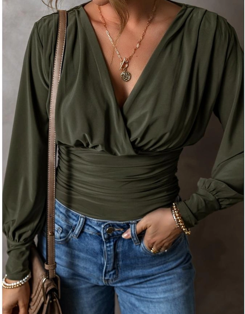 Moss Green Ruched Wrap V Neck Long Sleeve Bodysuit