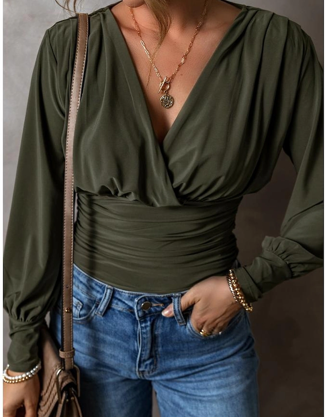 Moss Green Ruched Wrap V Neck Long Sleeve Bodysuit
