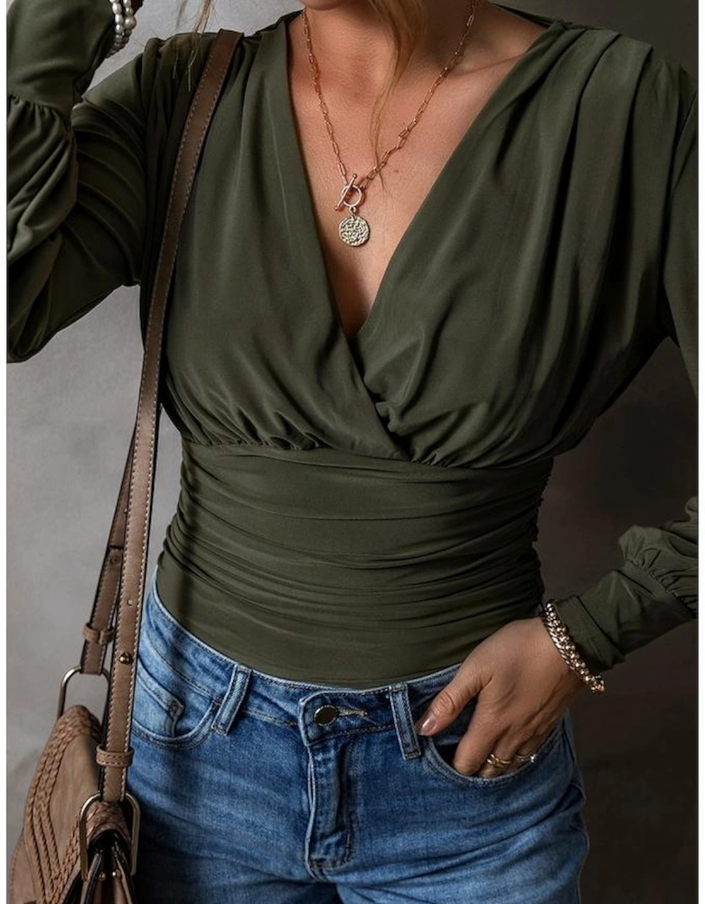 Moss Green Ruched Wrap V Neck Long Sleeve Bodysuit