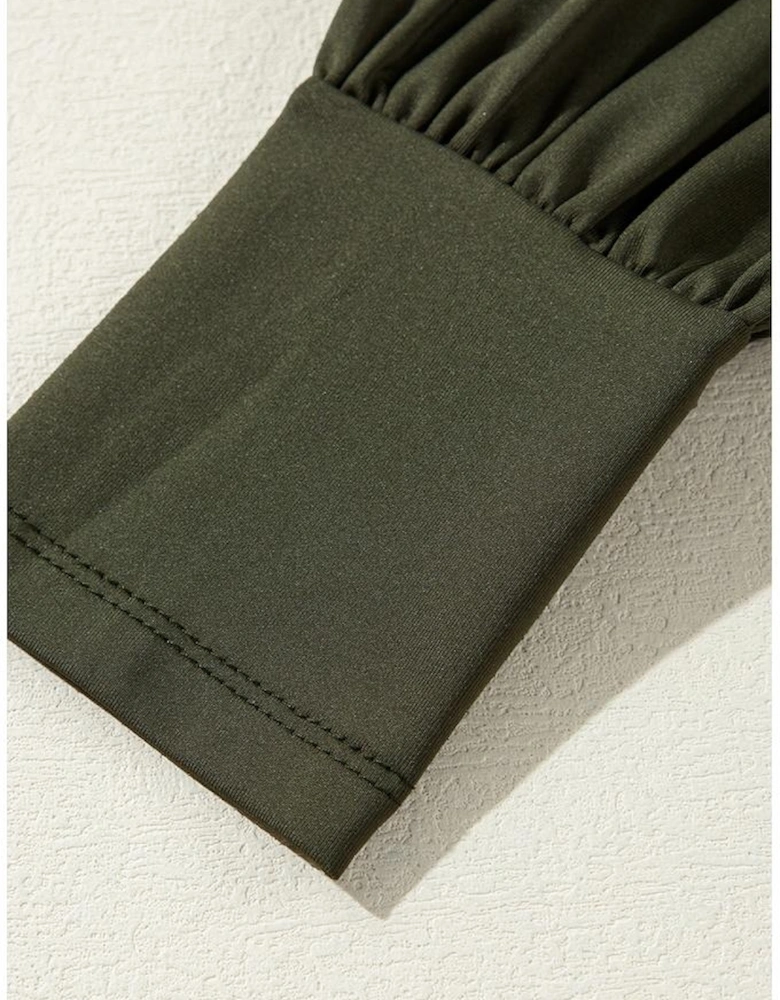 Moss Green Ruched Wrap V Neck Long Sleeve Bodysuit