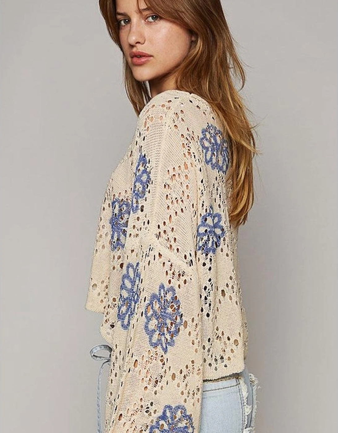 Beige Contrast Flower Print Eyelet Drop Shoulder Sweater