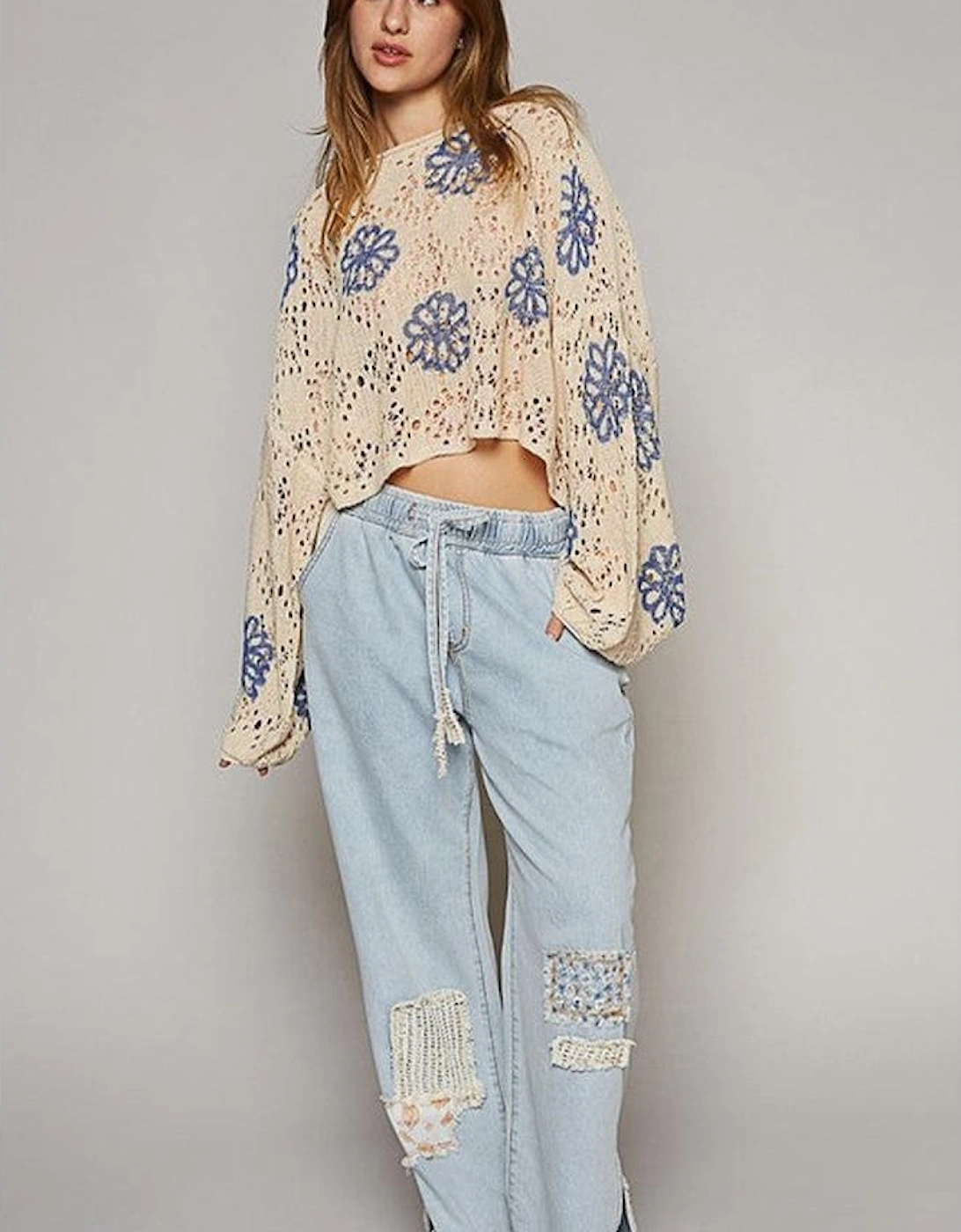 Beige Contrast Flower Print Eyelet Drop Shoulder Sweater