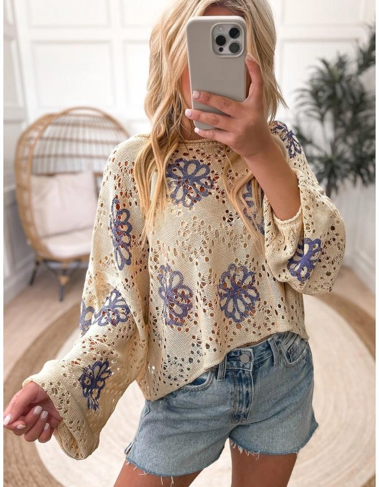 Beige Contrast Flower Print Eyelet Drop Shoulder Sweater