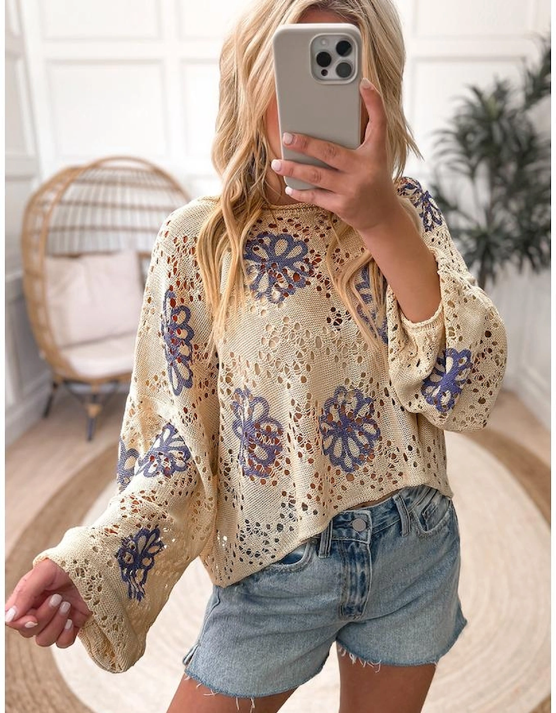 Beige Contrast Flower Print Eyelet Drop Shoulder Sweater