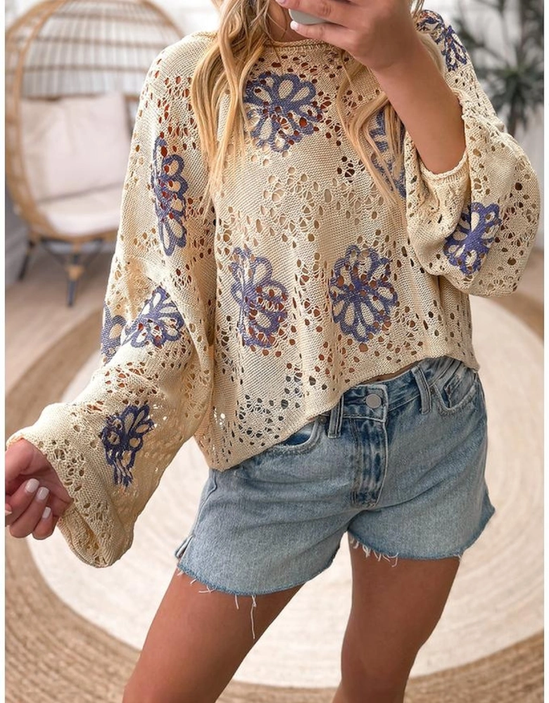 Beige Contrast Flower Print Eyelet Drop Shoulder Sweater