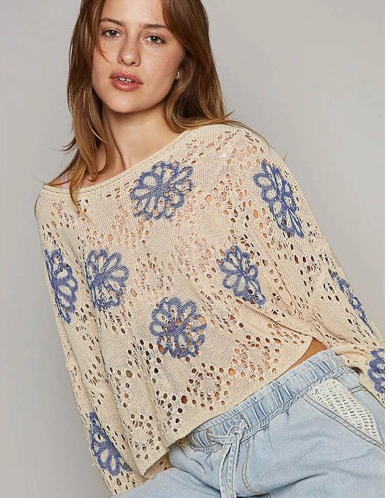 Beige Contrast Flower Print Eyelet Drop Shoulder Sweater