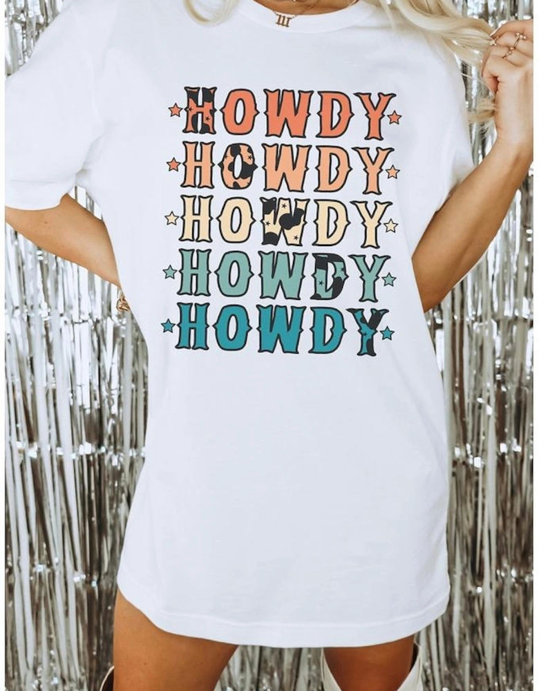 White HOWDY Stars Print Crew Neck Loose Fit T Shirt