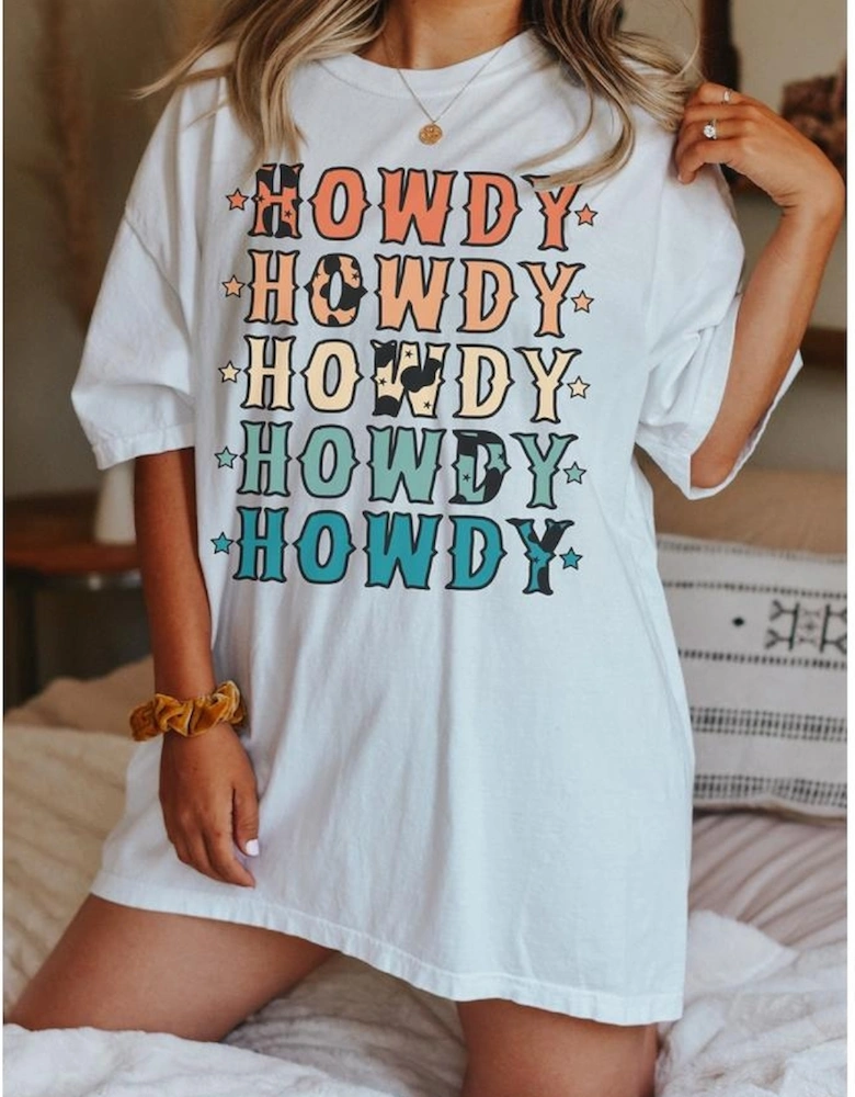 White HOWDY Stars Print Crew Neck Loose Fit T Shirt