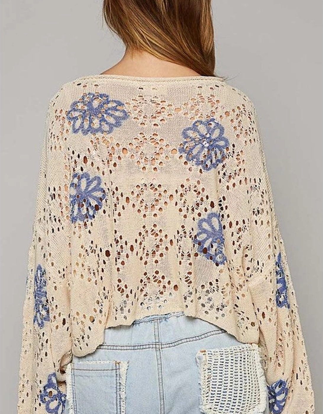 Beige Contrast Flower Print Eyelet Drop Shoulder Sweater