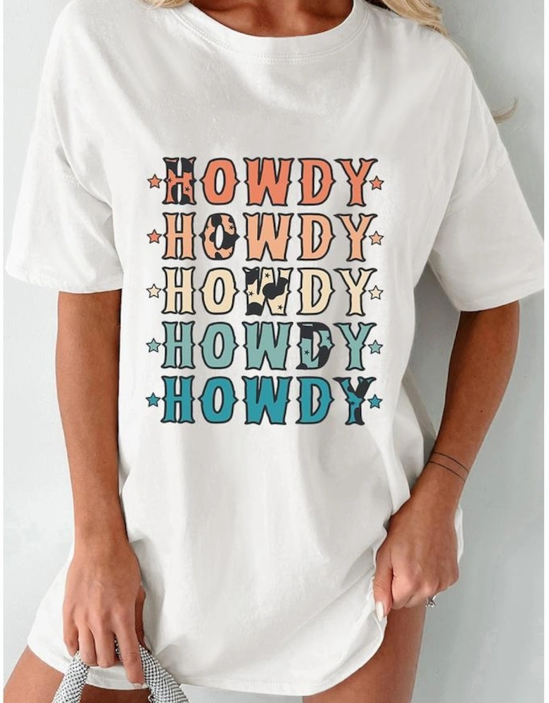 White HOWDY Stars Print Crew Neck Loose Fit T Shirt
