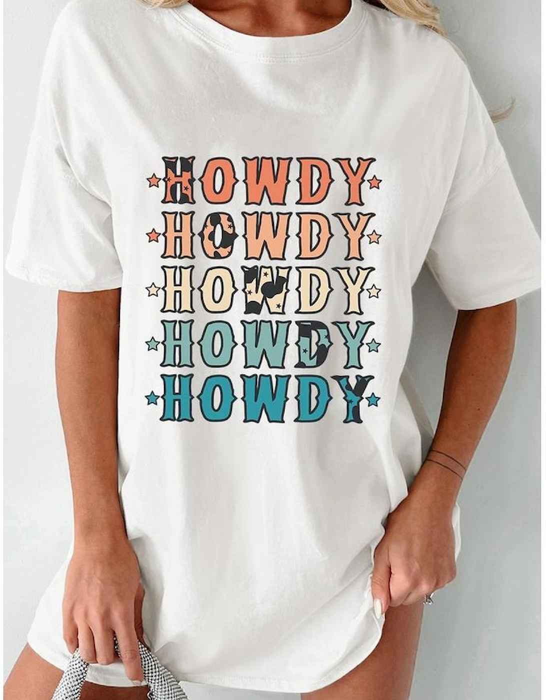White HOWDY Stars Print Crew Neck Loose Fit T Shirt