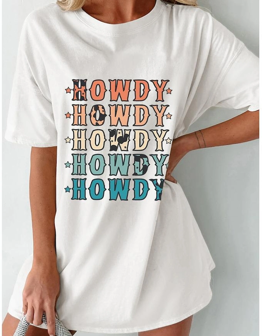 White HOWDY Stars Print Crew Neck Loose Fit T Shirt