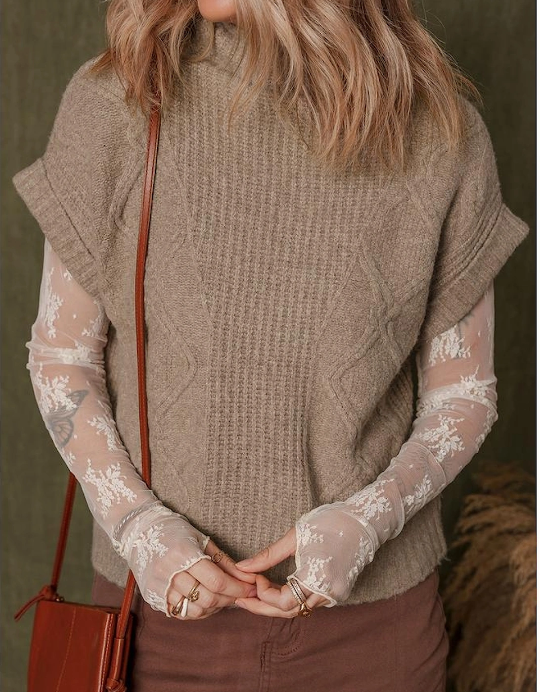 Smoke Gray Textured Knit High Neck Sweater T Shirt