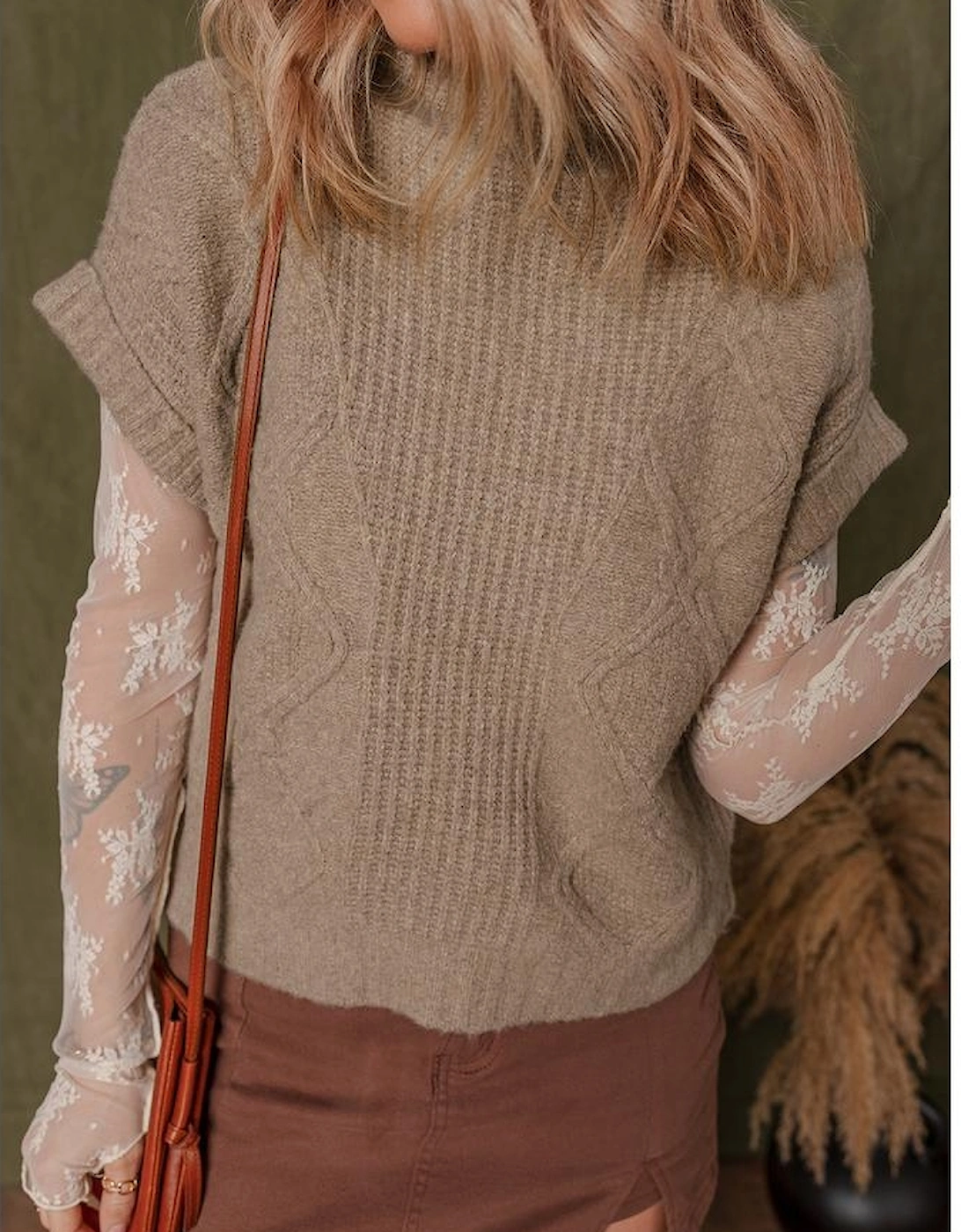 Smoke Gray Textured Knit High Neck Sweater T Shirt