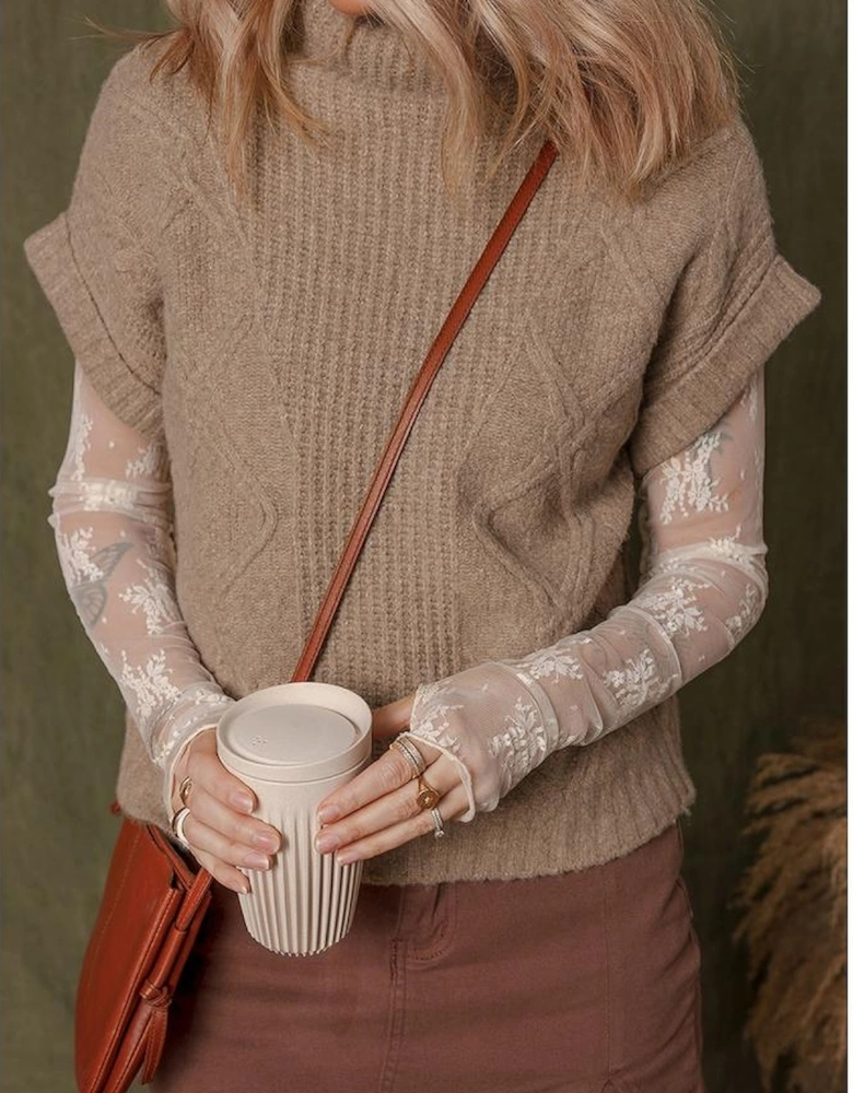 Smoke Gray Textured Knit High Neck Sweater T Shirt