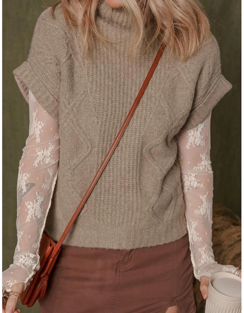 Smoke Gray Textured Knit High Neck Sweater T Shirt