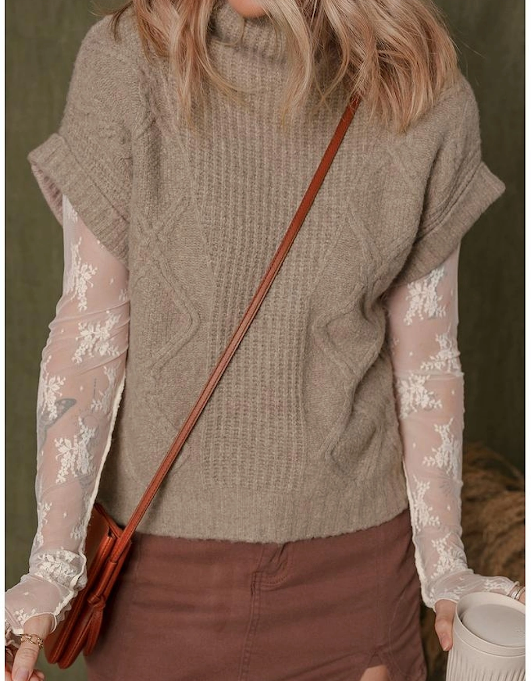 Smoke Gray Textured Knit High Neck Sweater T Shirt