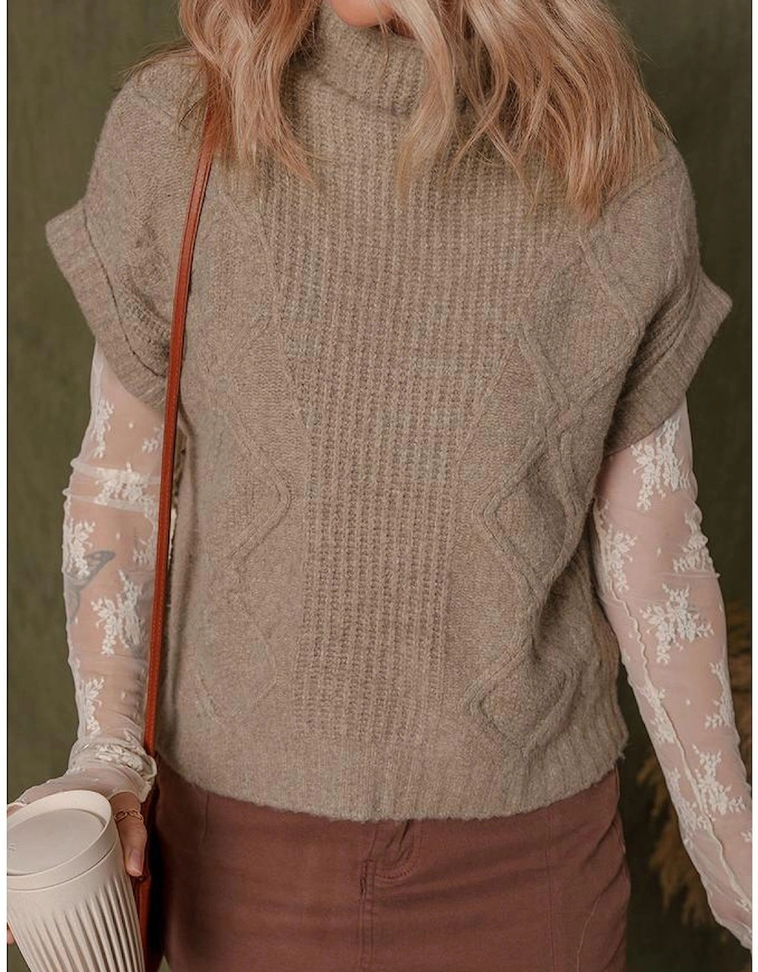 Smoke Gray Textured Knit High Neck Sweater T Shirt