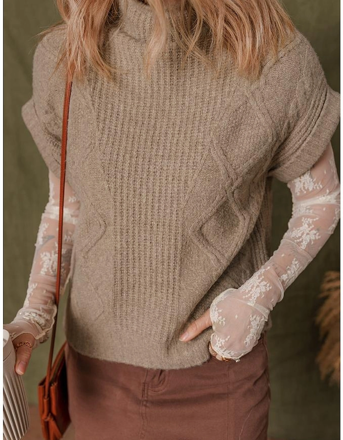 Smoke Gray Textured Knit High Neck Sweater T Shirt