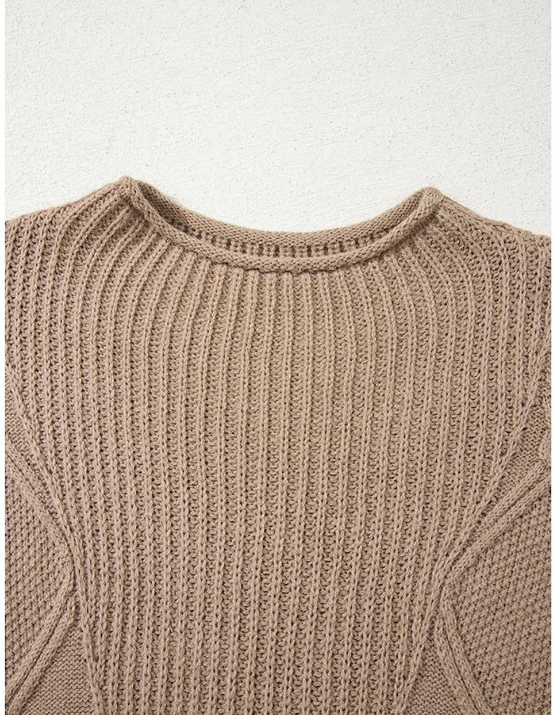 Smoke Gray Textured Knit High Neck Sweater T Shirt