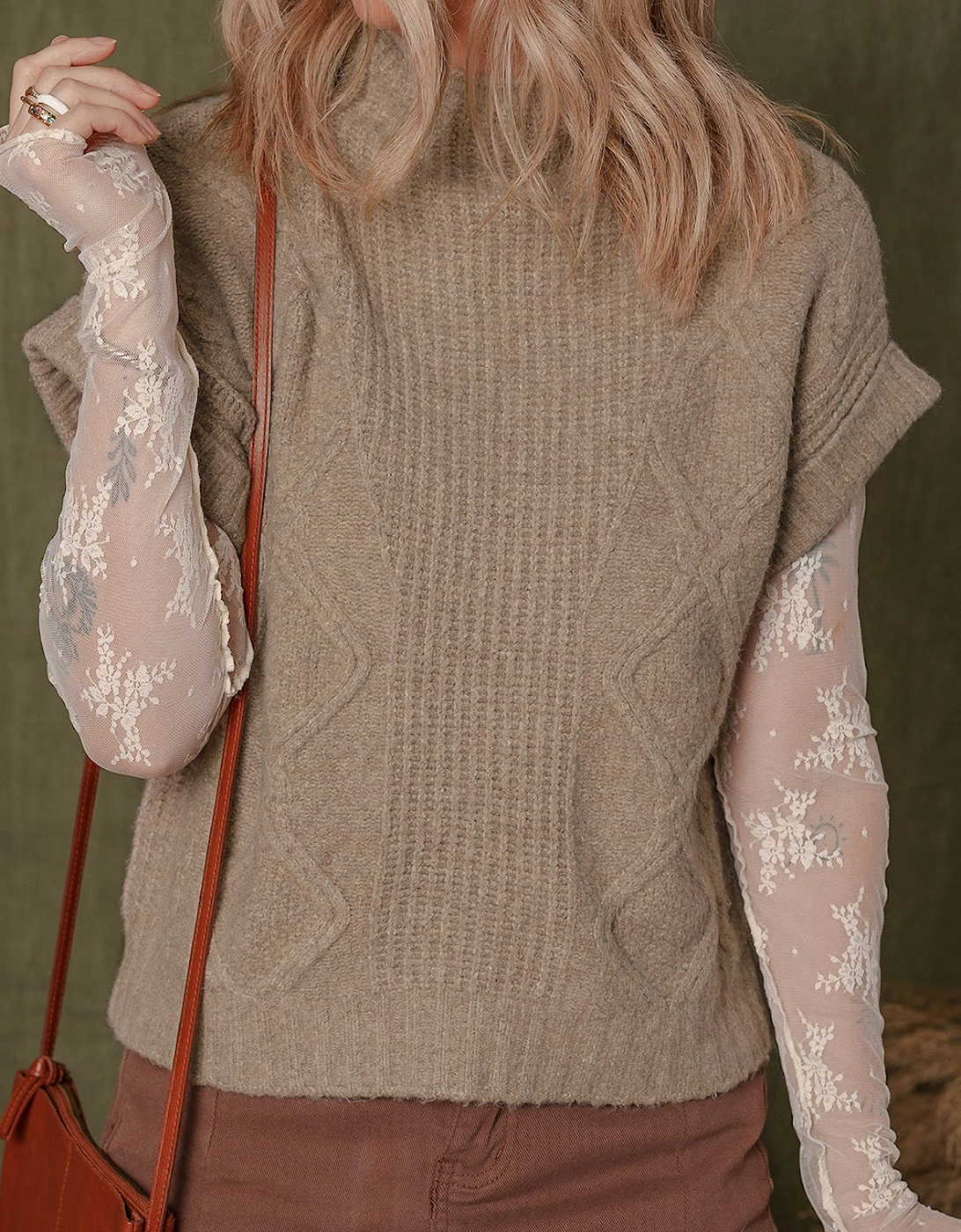 Smoke Gray Textured Knit High Neck Sweater T Shirt