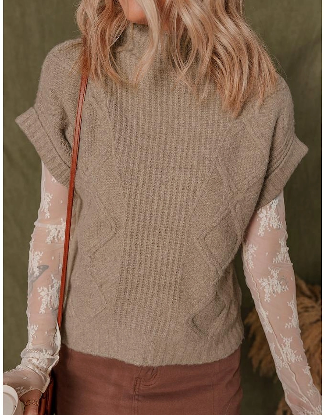 Smoke Gray Textured Knit High Neck Sweater T Shirt