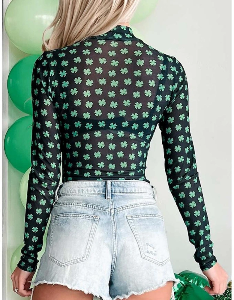 Green St Patrick Shamrock Printed Long Sleeve Mesh Bodysuit