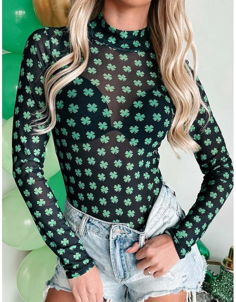 Green St Patrick Shamrock Printed Long Sleeve Mesh Bodysuit
