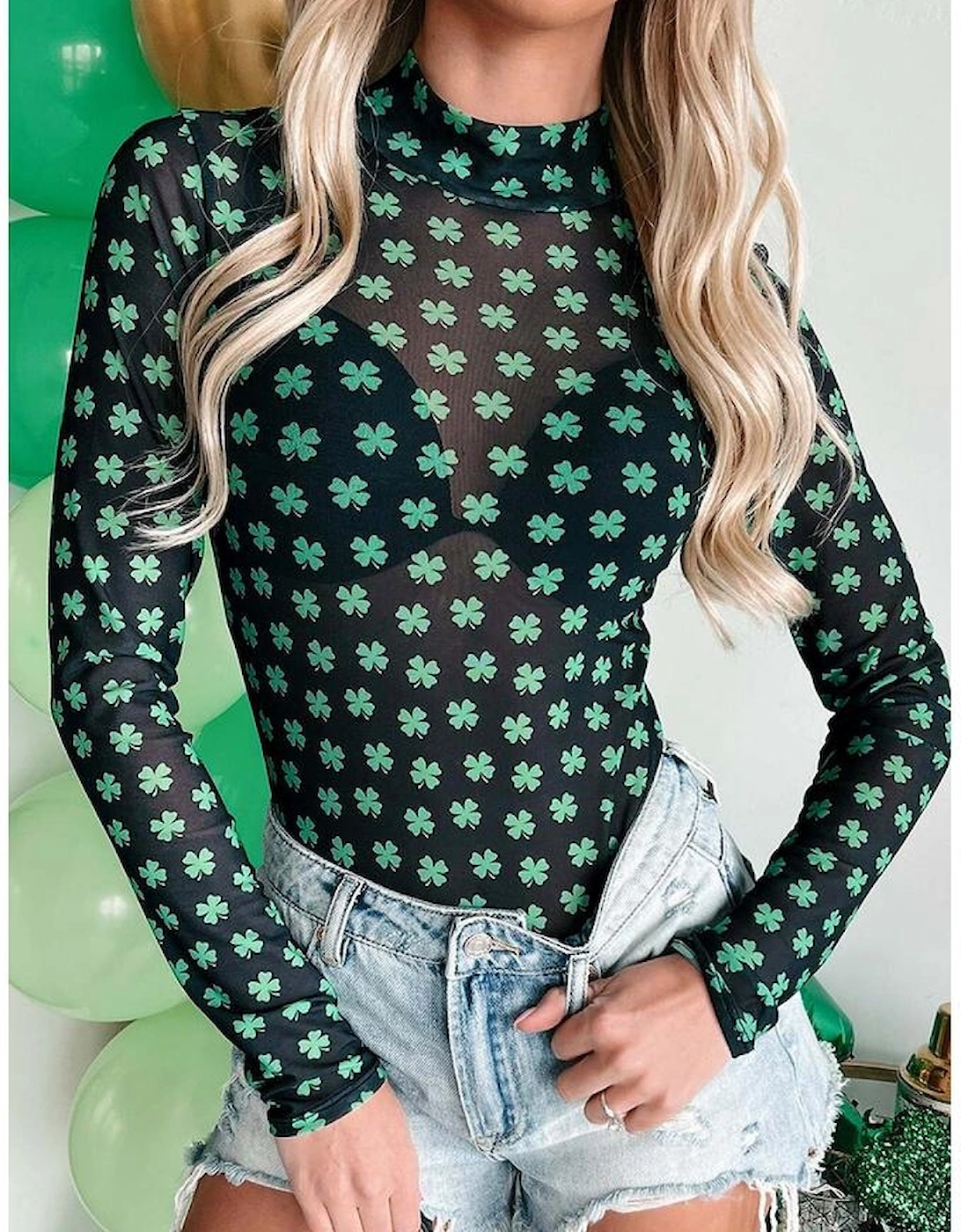Green St Patrick Shamrock Printed Long Sleeve Mesh Bodysuit, 14 of 13
