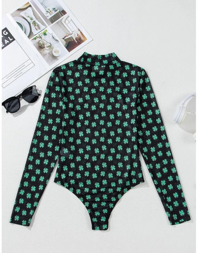 Green St Patrick Shamrock Printed Long Sleeve Mesh Bodysuit