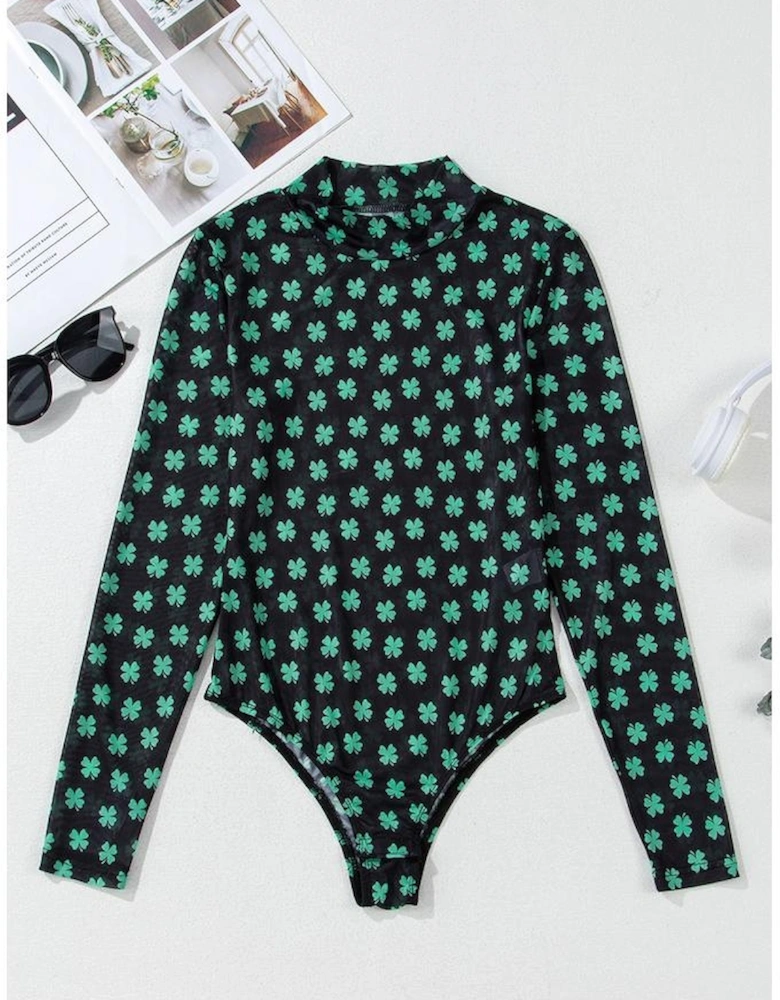 Green St Patrick Shamrock Printed Long Sleeve Mesh Bodysuit