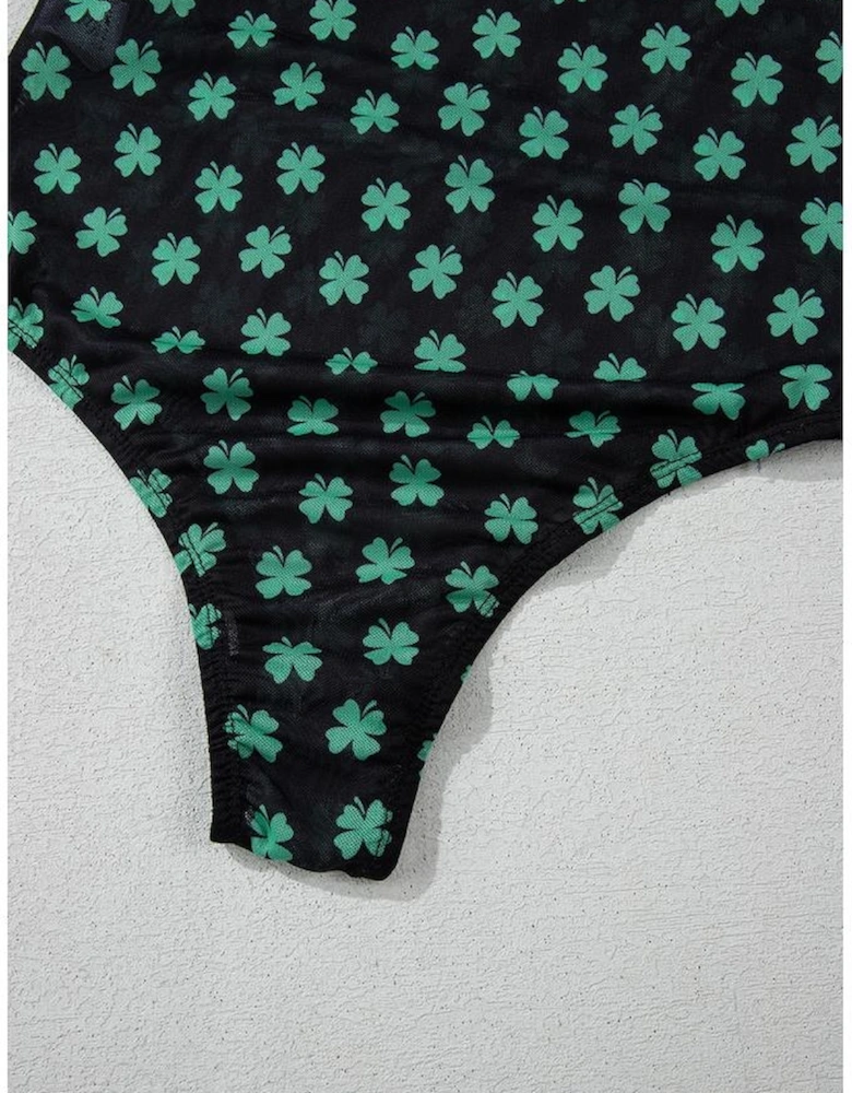 Green St Patrick Shamrock Printed Long Sleeve Mesh Bodysuit