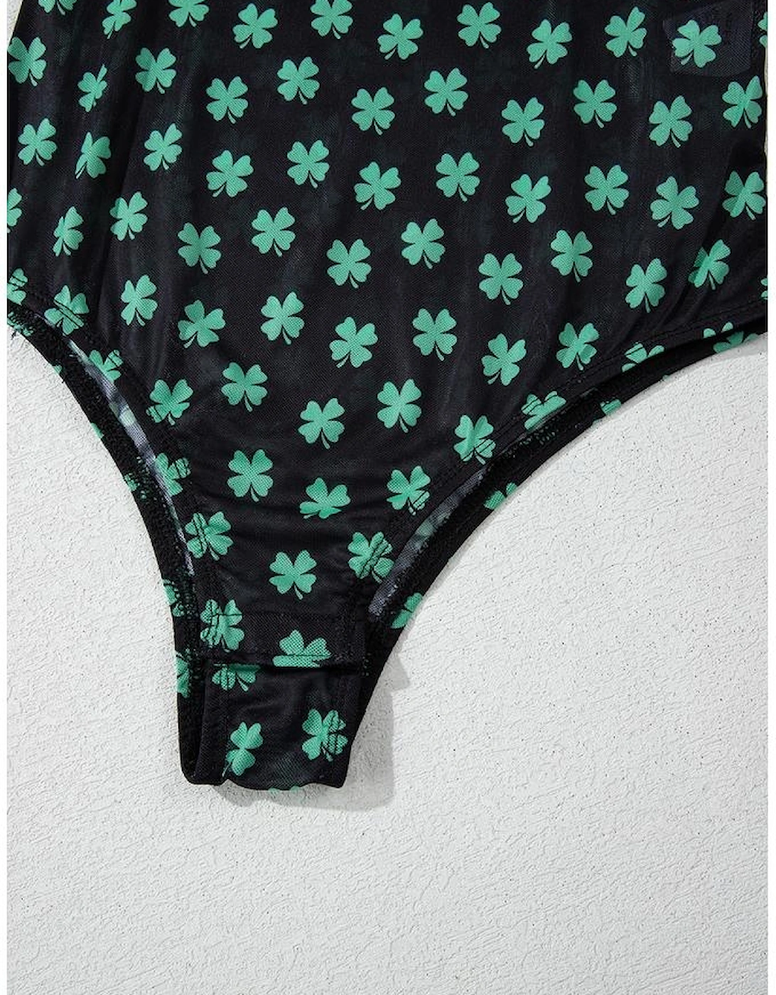 Green St Patrick Shamrock Printed Long Sleeve Mesh Bodysuit