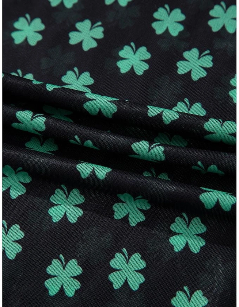 Green St Patrick Shamrock Printed Long Sleeve Mesh Bodysuit