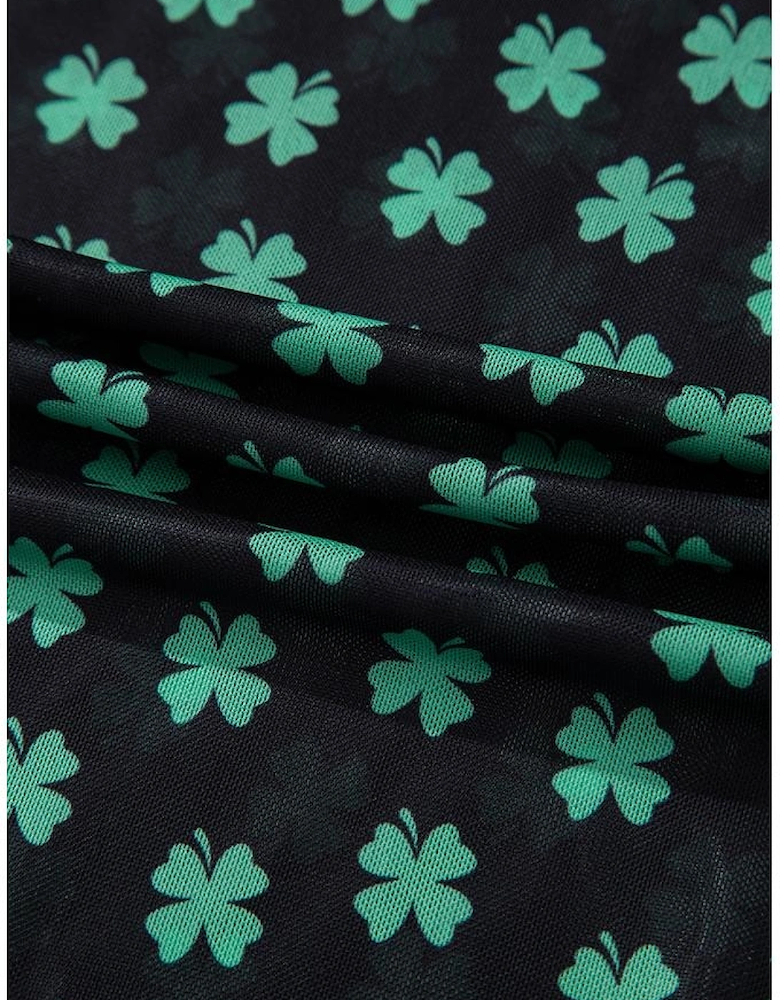 Green St Patrick Shamrock Printed Long Sleeve Mesh Bodysuit