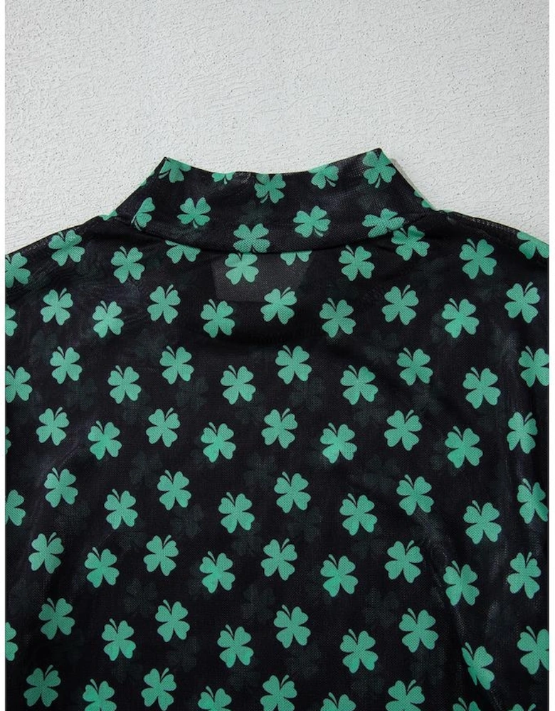Green St Patrick Shamrock Printed Long Sleeve Mesh Bodysuit