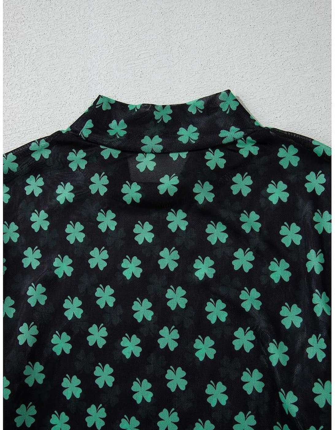 Green St Patrick Shamrock Printed Long Sleeve Mesh Bodysuit