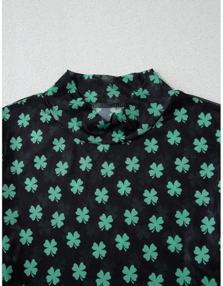 Green St Patrick Shamrock Printed Long Sleeve Mesh Bodysuit