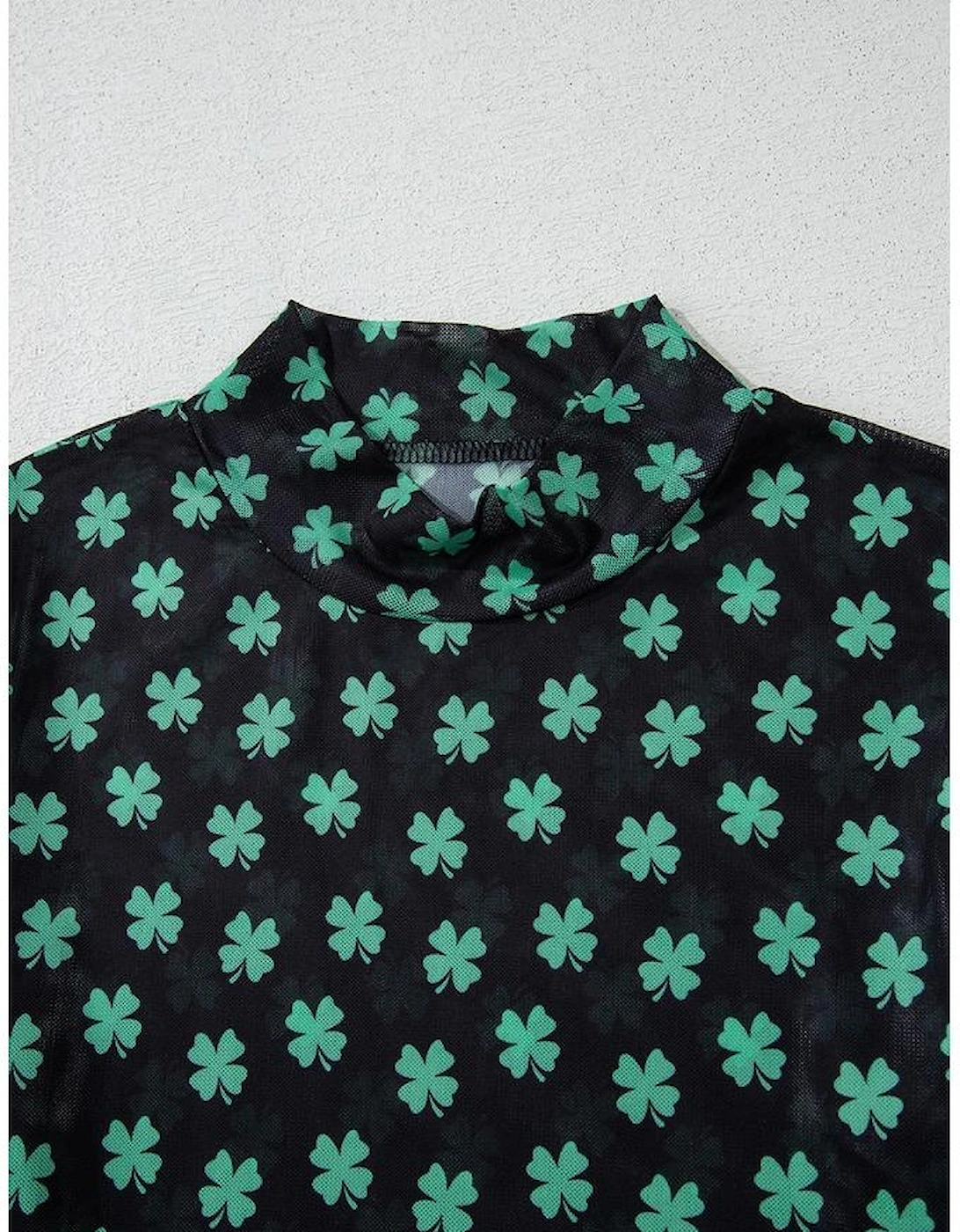 Green St Patrick Shamrock Printed Long Sleeve Mesh Bodysuit