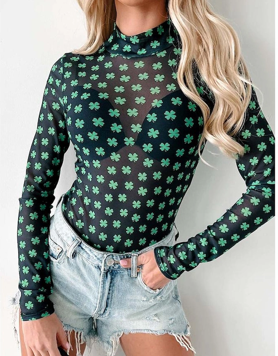 Green St Patrick Shamrock Printed Long Sleeve Mesh Bodysuit