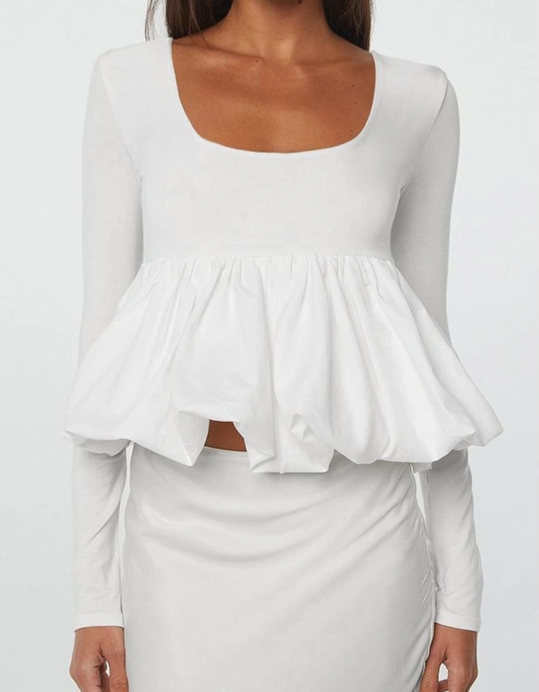 White U Neck Long Sleeve Bubble Hem Top